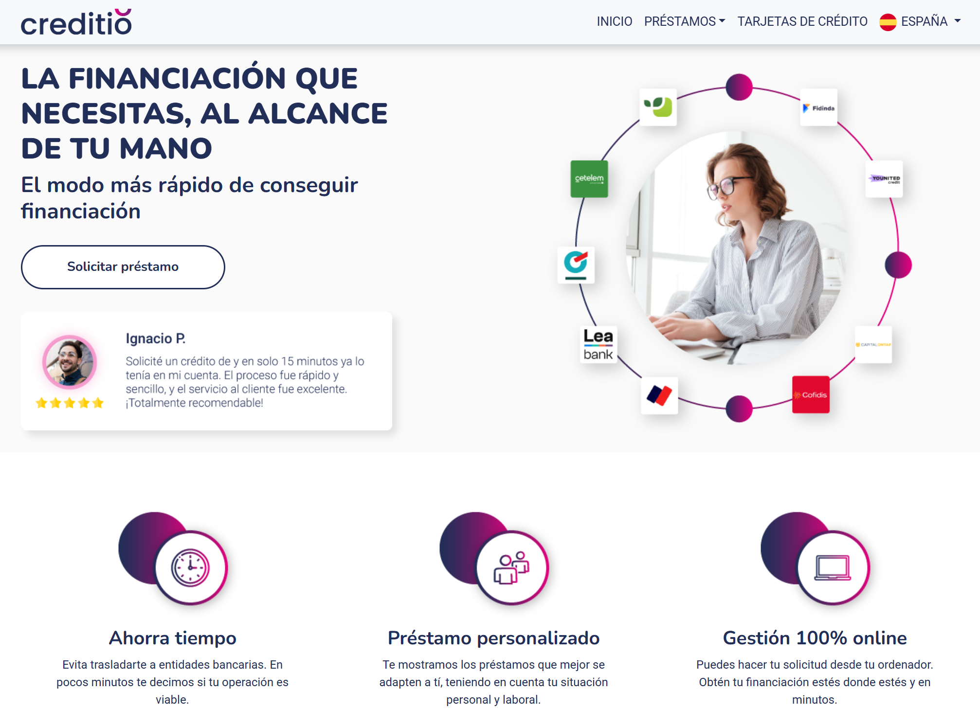 Captura de la página oficial de Creditio con financiación online y ventajas del servicio