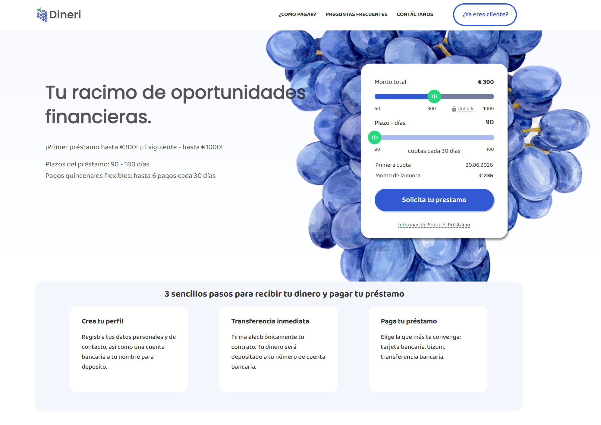 Captura de la página oficial de Dineri con simulador de préstamo, plazo y pasos de solicitud