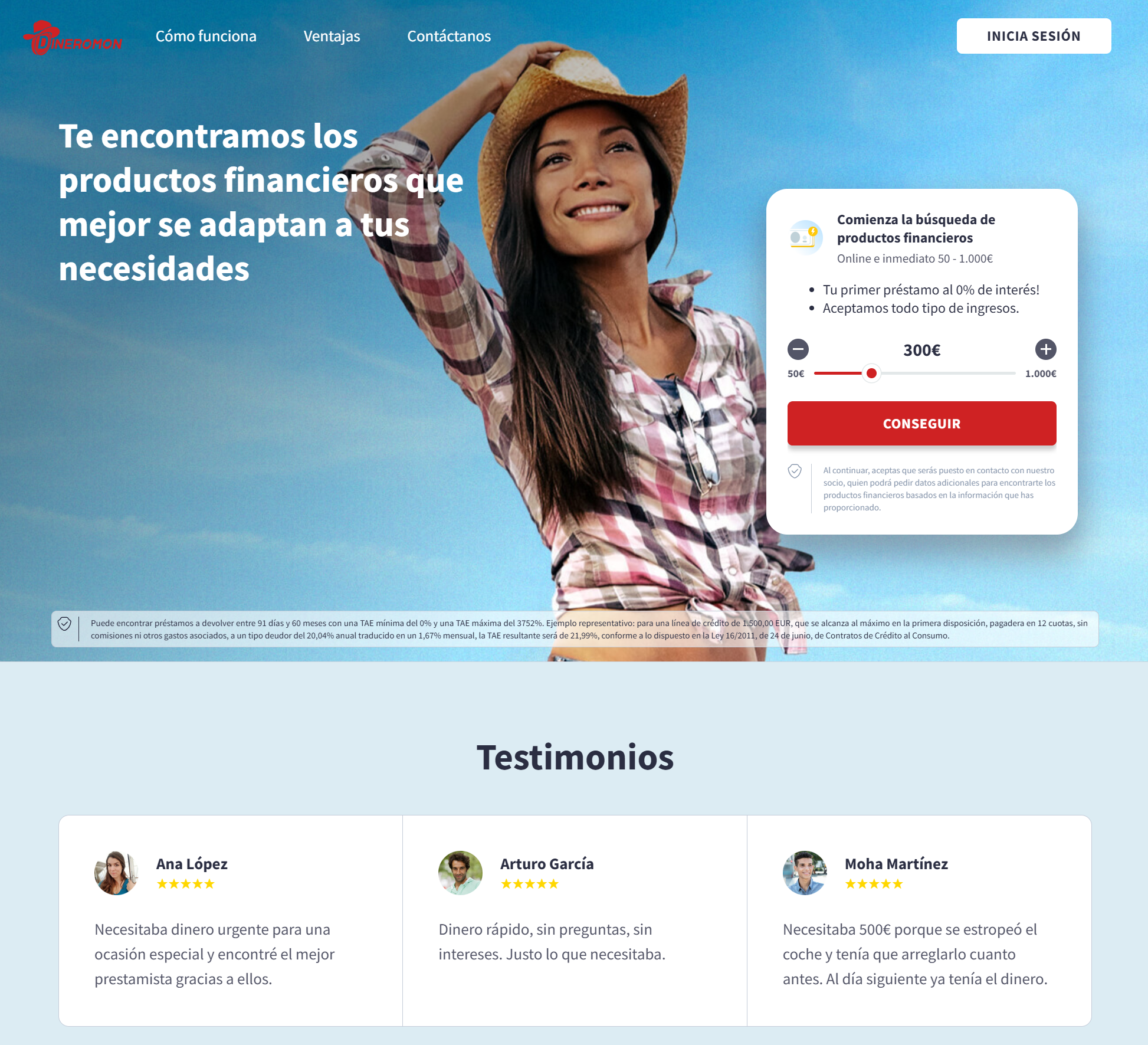 Captura de la página oficial de Dineromon con selector de importe, primer préstamo al 0% y testimonios
