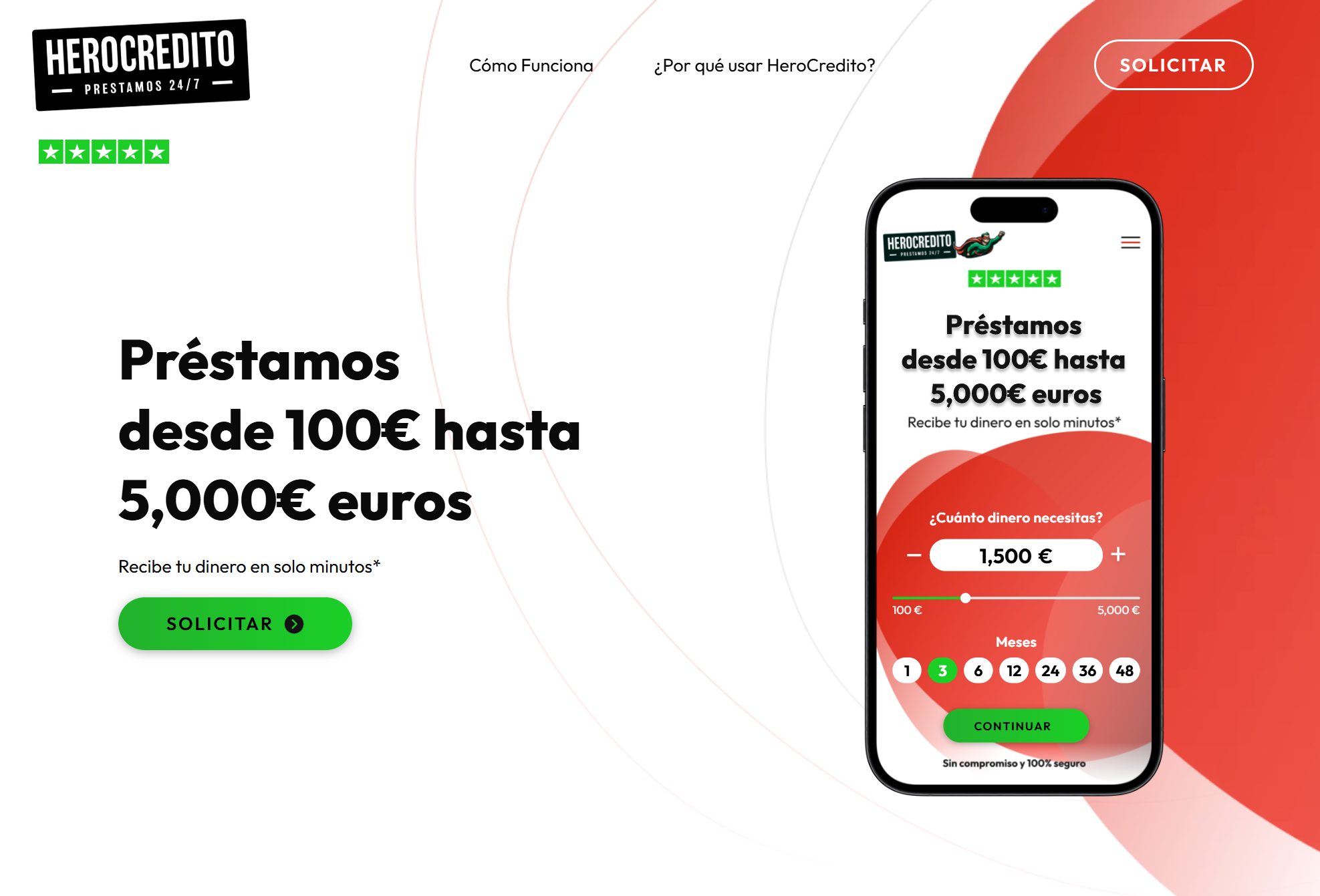 Captura de la página oficial de HeroCredito con solicitud de préstamo de 100 a 5.000 euros