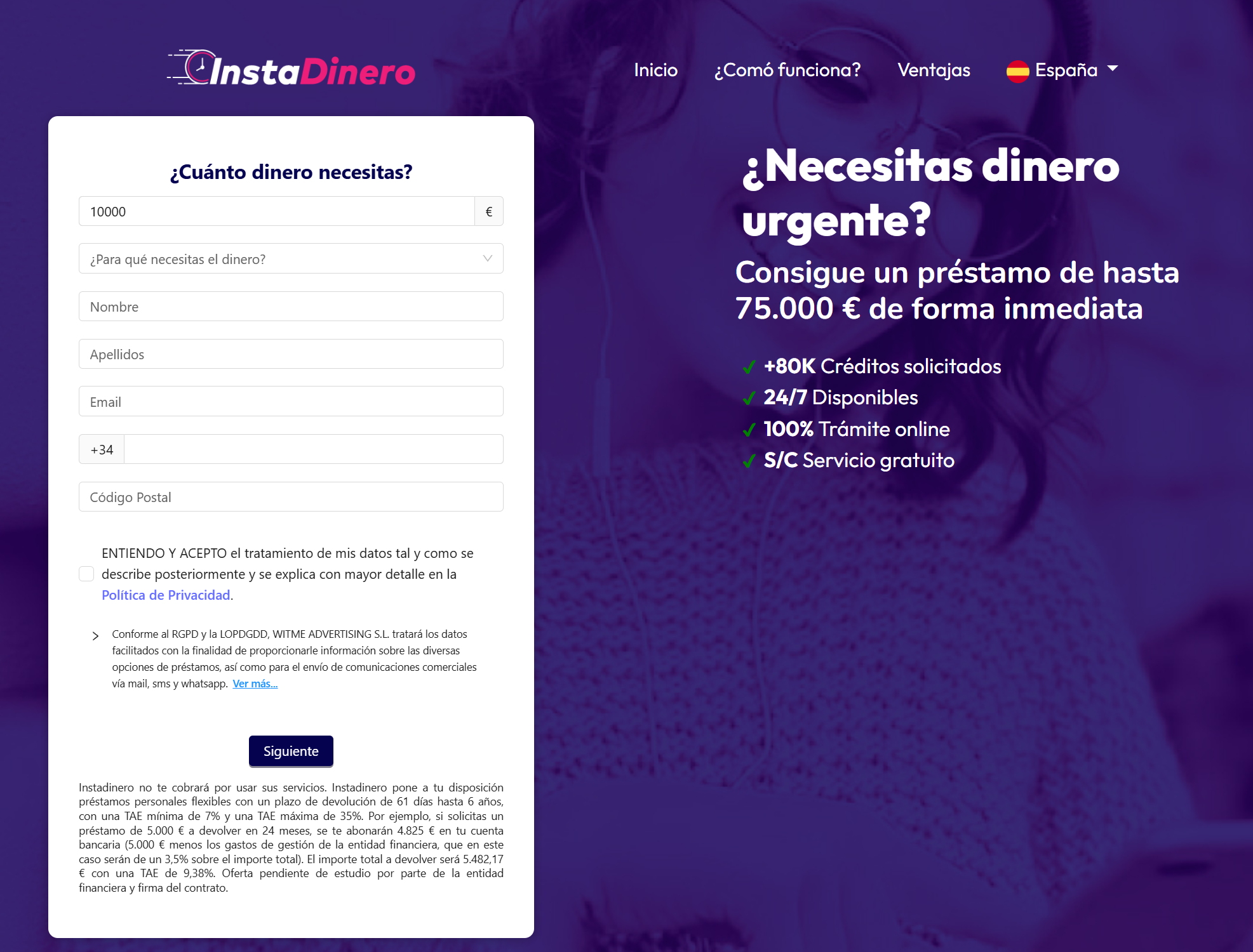 Captura de la página oficial de Instadinero con formulario de préstamo online y condiciones orientativas