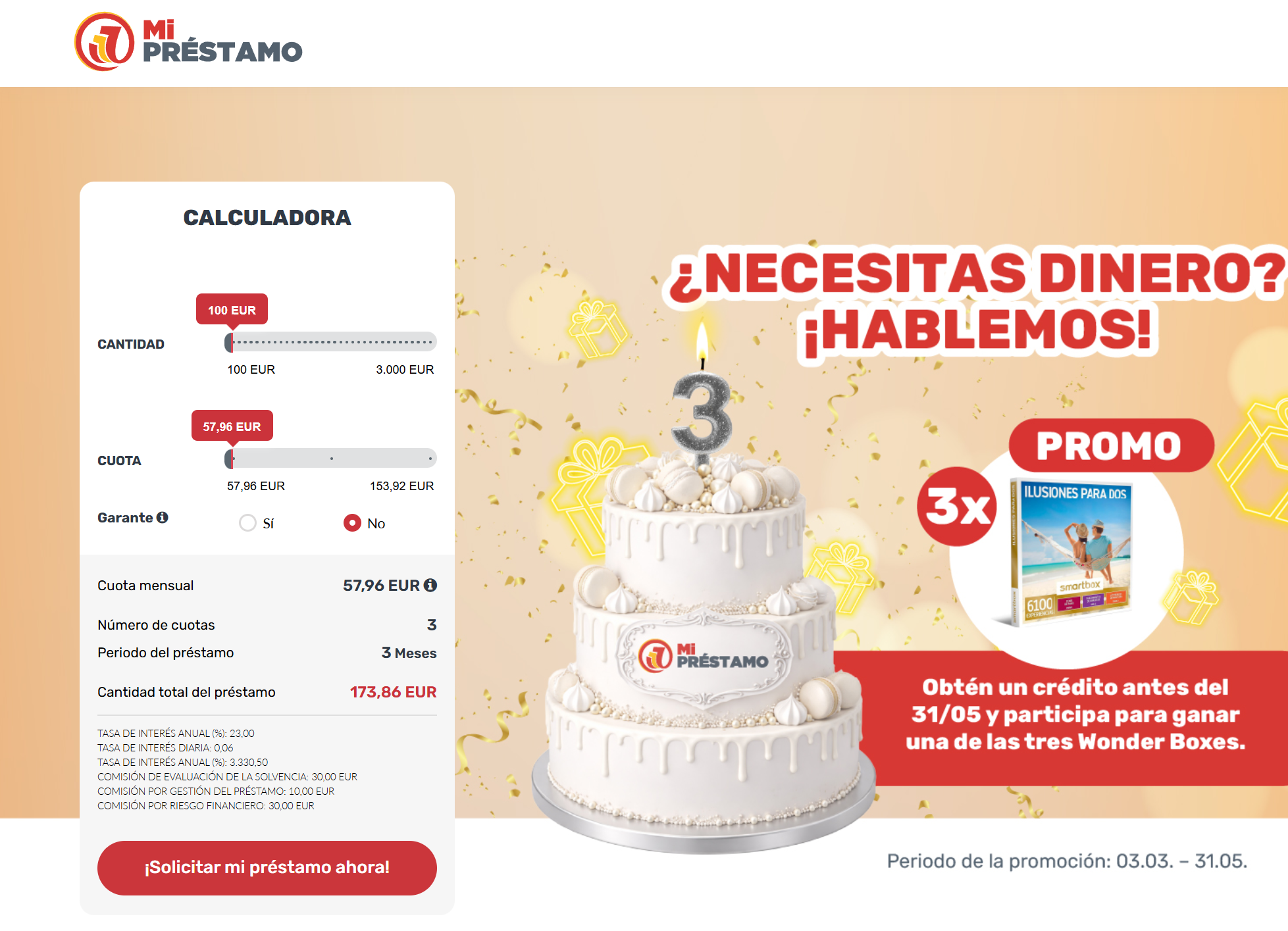 Captura de la página oficial de Mi Préstamo con calculadora de cantidad, cuota y costes