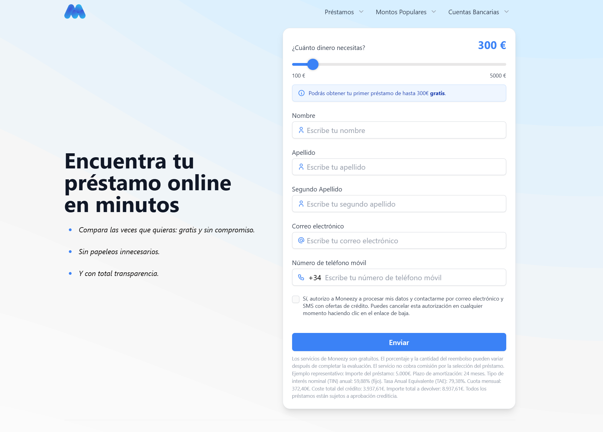 Captura de la página oficial de Moneezy con formulario para encontrar préstamo online