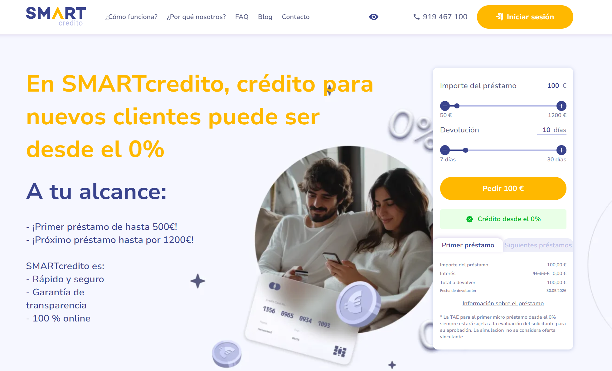 Captura de la página oficial de SMARTcredito con simulador de importe y devolución